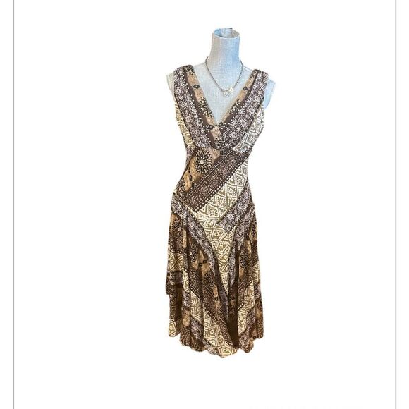Rabbit Rabbit Rabbit Brown and Cream Geometric Midi Dress 4 (5165) - Picture 1 of 6